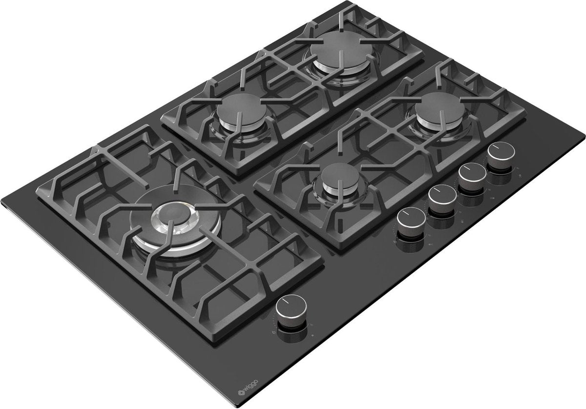 Wiggo WH-G735GR(B)-2 Inbouw Gaskookplaat - 70 cm - Zwart met wokbrander en elektronische vonkontsteking.