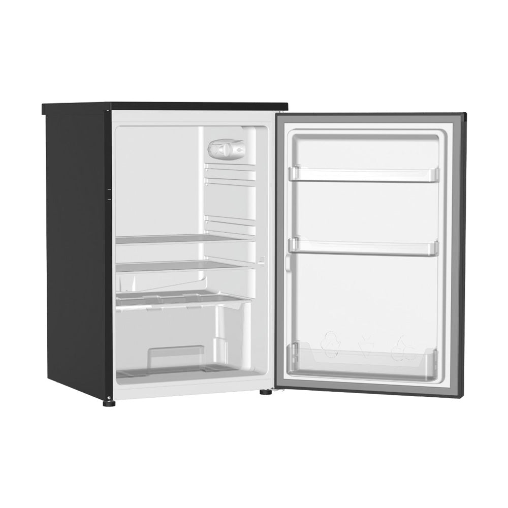 Wiggo WL-TT8D(B) Vrijstaande Tafelmodel Koelkast Zwart met open deuren en praktische indeling.