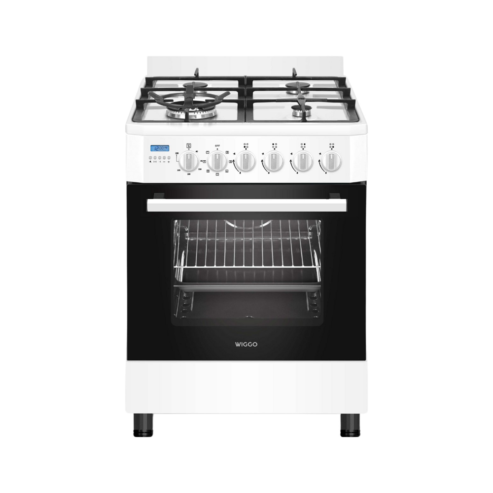 Wiggo WO-E639R(WW) – Vrijstaand gasfornuis – 60 cm – 5 kookzones – met wokbrander – 56L elektrische oven – Wit – Elektrische vonkontsteking & vlambeveiliging – Energieklasse A