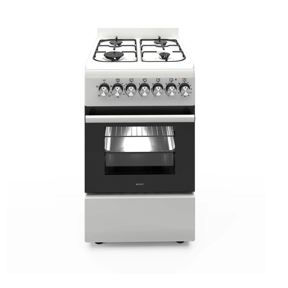 Wiggo WO‑E505R(WW) – Vrijstaand gasfornuis – 50 cm – 4 kookzones – 52L elektrische oven – Wit – Energieklasse A – Elektrische vonkontsteking – 5 jaar garantie