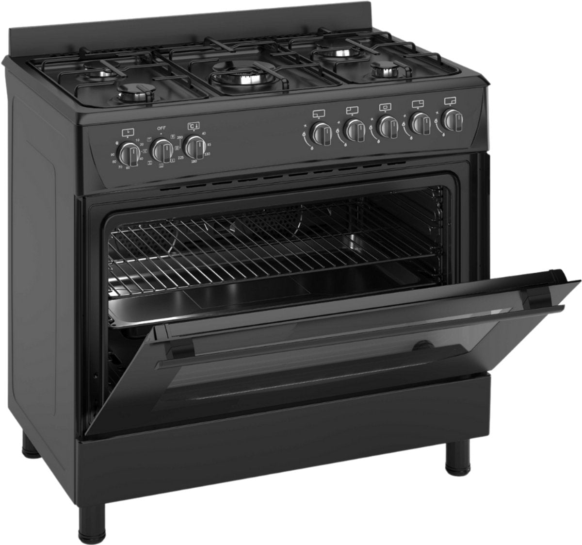 Wiggo WO‑E905R(BB)-2 Vrijstaande Gasfornuis - 90 cm - Zwart met open oven en 5 kookzones