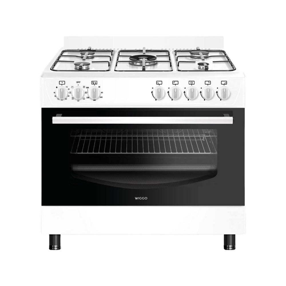 Wiggo WO‑E905R(WW) – Vrijstaand gasfornuis – 90 cm – 5 kookzones met wokbrander – 110L elektrische oven – Wit – Elektrische vonkontsteking & vlambeveiliging – Energieklasse