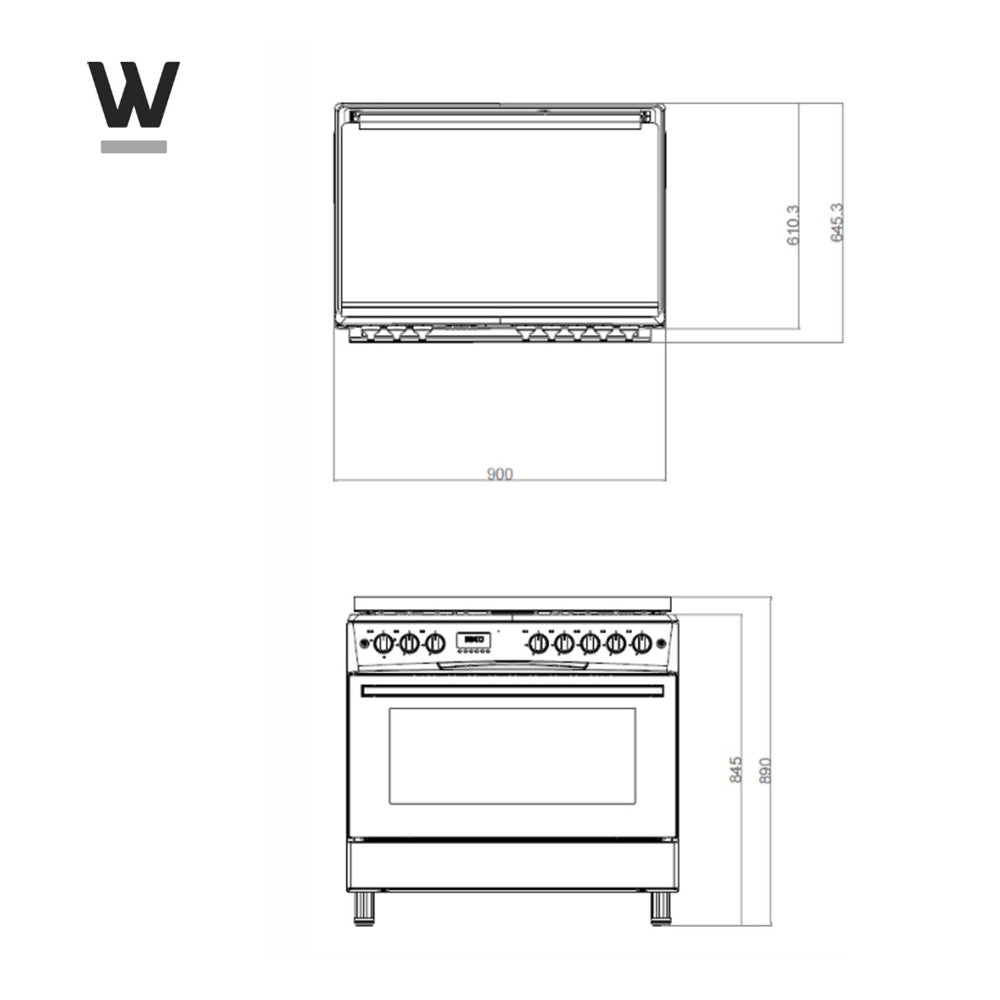 Wiggo WO-E906B(RX) Vrijstaande Gasfornuis - 90 cm - Rood technische tekeningen met afmetingen.
