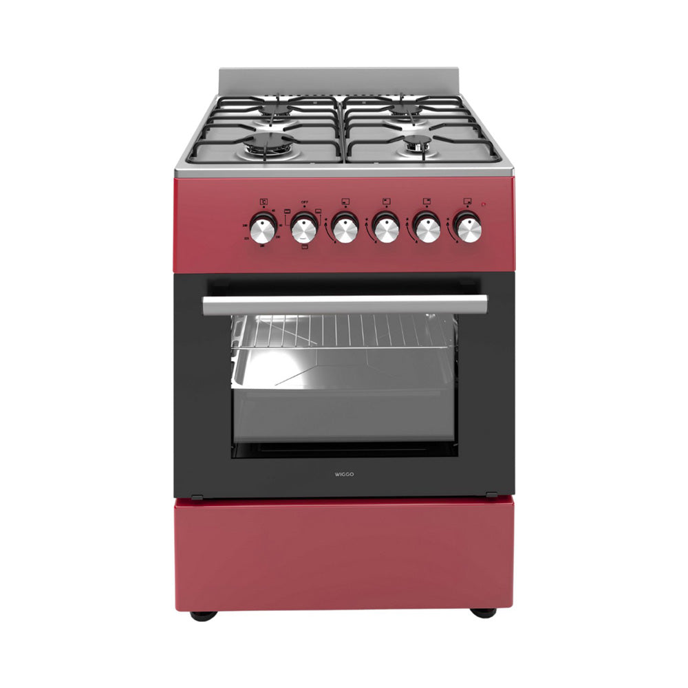 Wiggo WO‑E603R(RX) – Vrijstaand gasfornuis – 60 cm – 4 kookzones – 56L elektrische oven – Rood Roestvrijstaal – Elektrische vonkontsteking & vlambeveiliging – Energieklasse A