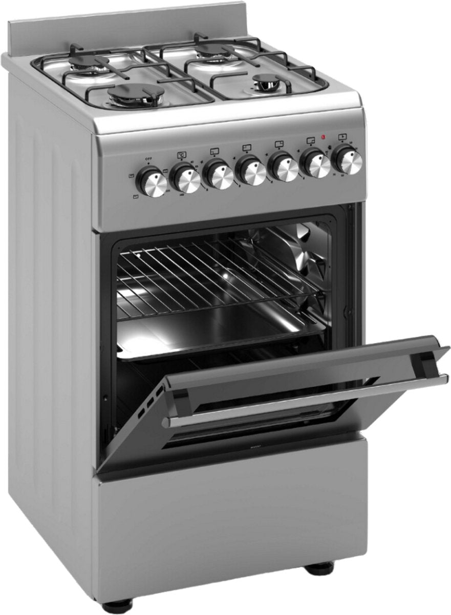 Wiggo WO‑E505R(XX)-2 Vrijstaande Gasfornuis - 50 cm - Roestvrijstaal met open oven en 4 kookzones.