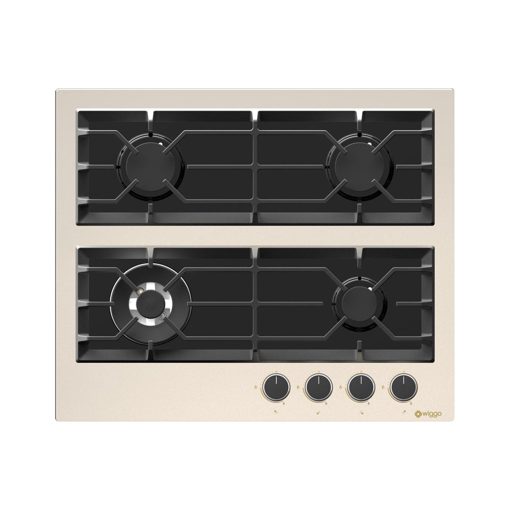 Wiggo WH-G634GR(C) - Inbouw Gaskookplaat - Glas op gas - Wok brander - 60cm - 4 Kookzones - Gietijzeren pannendragers - 5 jaar garantie - Crème Glas