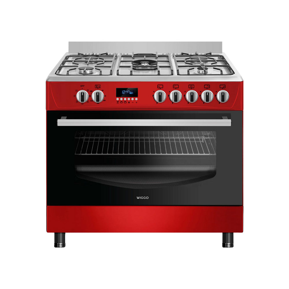 Wiggo - WO-E909R(RX) - Vrijstaand - Gasfornuis - 90 cm - 110 Liter - 5 pitten - Energieklasse B - 5 jaar garantie - Rood Rvs