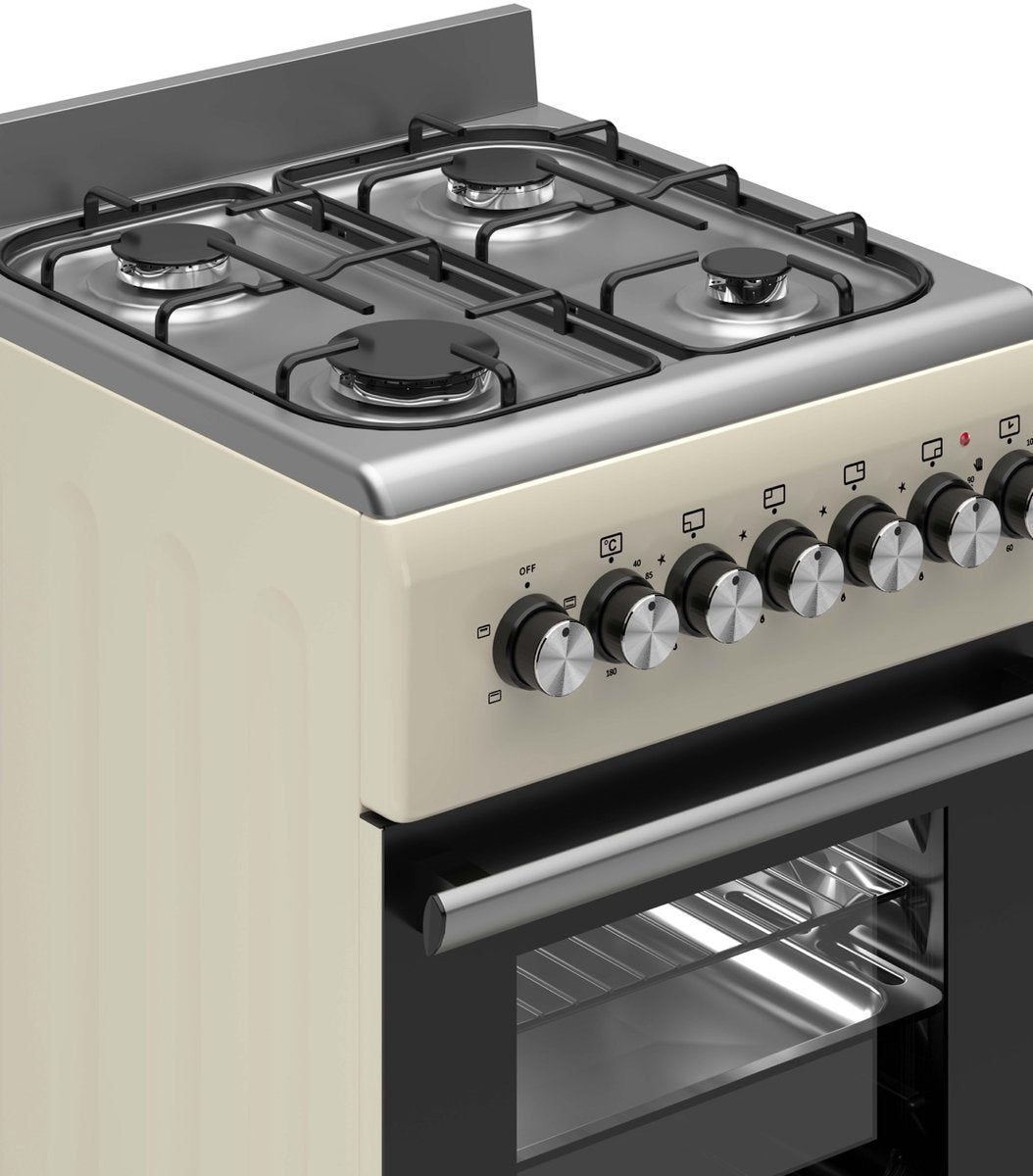 Wiggo WO‑E505R(CX)-2 Vrijstaande Gasfornuis - 50 cm - Creme met 4 kookzones en elektrische oven.