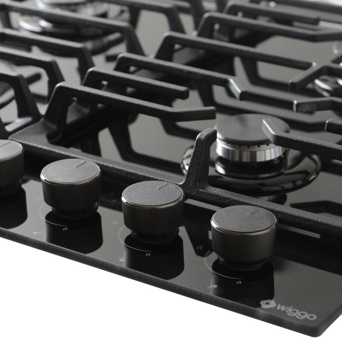Wiggo WH-G634GL(B) - Inbouw Gaskookplaat - Glas op gas - Wok brander - 60cm - 4 Kookzones - Gietijzeren pannendragers - 5 jaar garantie - Zwart Glas