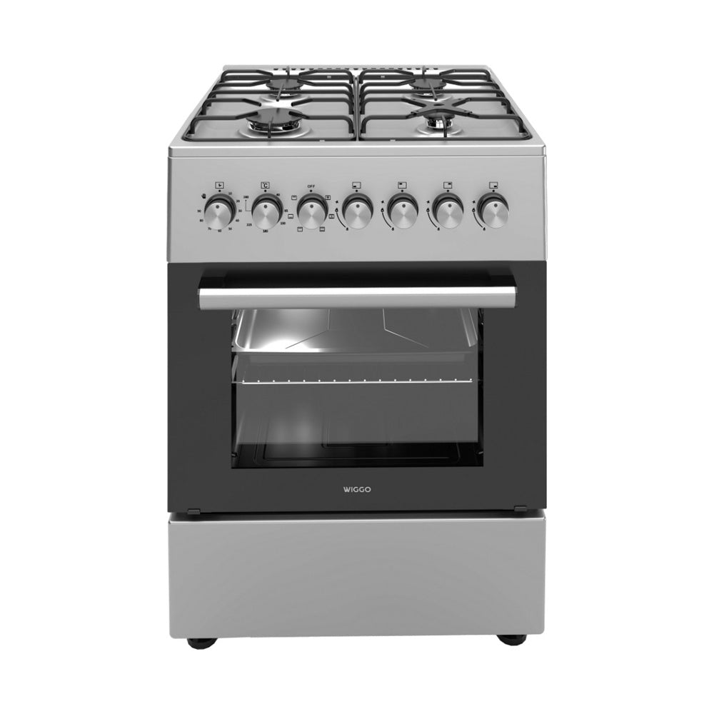 Wiggo WO-E606A(XX) – Vrijstaand gasfornuis – 60 cm – 4 kookzones – 66L elektrische oven – Roestvrijstaal – Energieklasse A – 5 jaar garantie