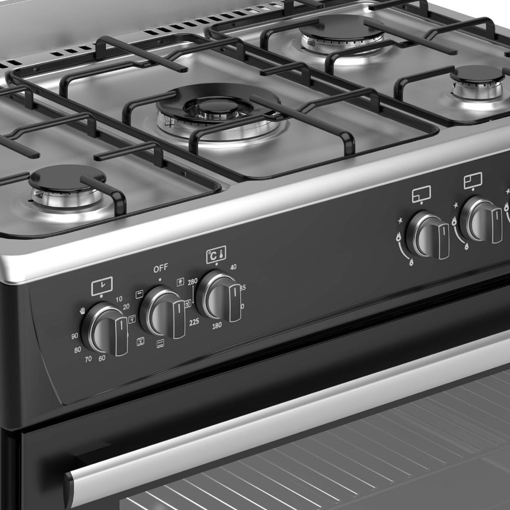 Wiggo WO-E906B(BX) Vrijstaande Gasfornuis - 90 cm - Zwart met gasbranders en bedieningselementen