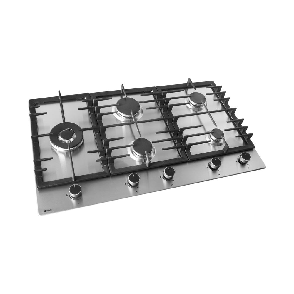 Wiggo WH-G935RR(X) - Inbouw Gaskookplaat - Wok brander - 90 cm - 5 Kookzones - Gietijzeren pannendragers - 5 jaar garantie - Roestvrijstaal