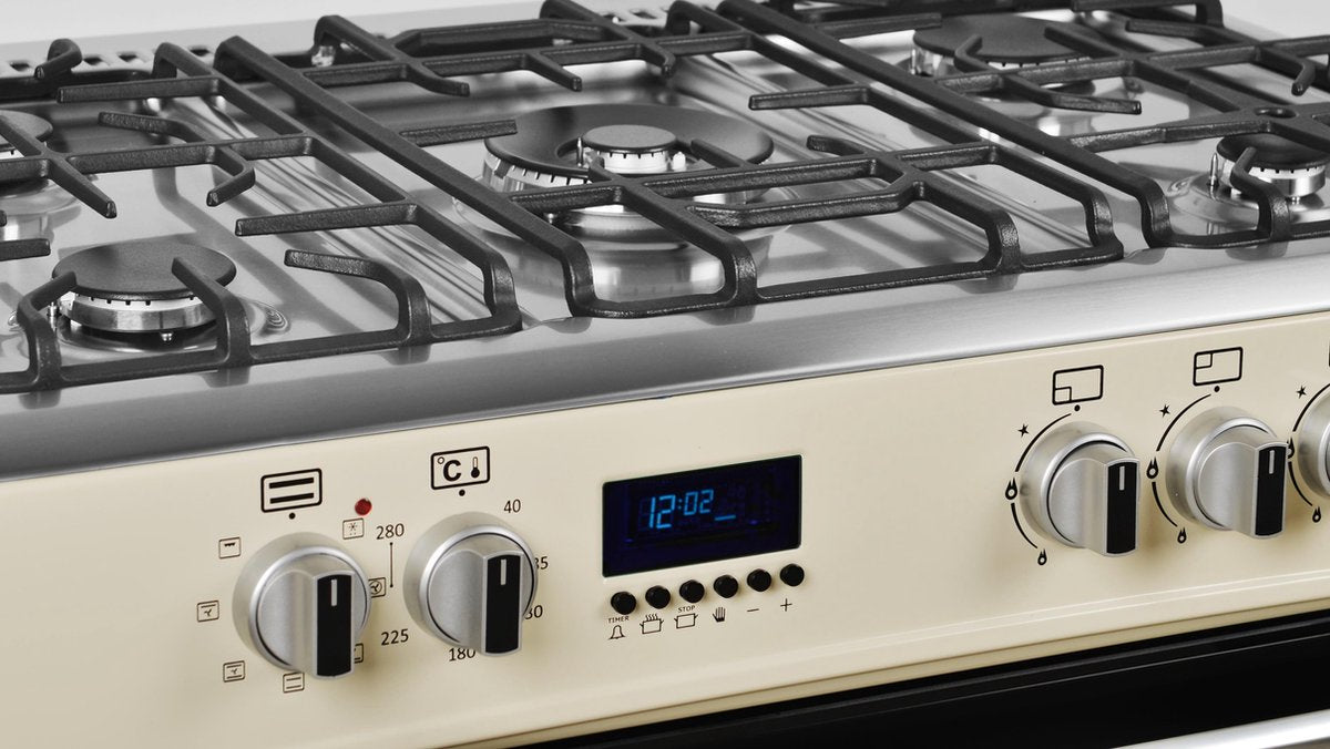 Wiggo - WO-E909R(CX) - Vrijstaand - Gasfornuis - 90 cm - 110 Liter - 5 pitten - Energieklasse B - 5 jaar garantie - Creme Rvs