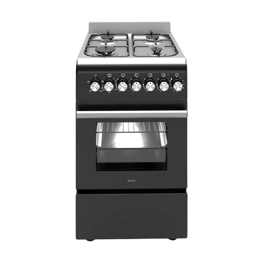 Wiggo WO‑E505R(BX) – Vrijstaand gasfornuis – 50 cm – 4 kookzones – 52L elektrische oven – Zwart Roestvrijstaal – Timer & elektrische vonkontsteking – 5 jaar garantie