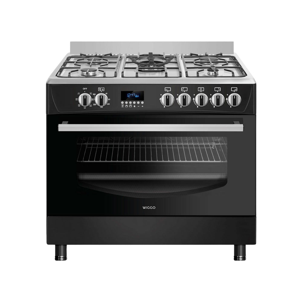 Wiggo WO‑E909R(BX) – Vrijstaand gasfornuis – 90 cm – 5 kookzones met wokbrander – 110L elektrische oven – Zwart Roestvrijstaal – Elektrische vonkontsteking & vlambeveiliging