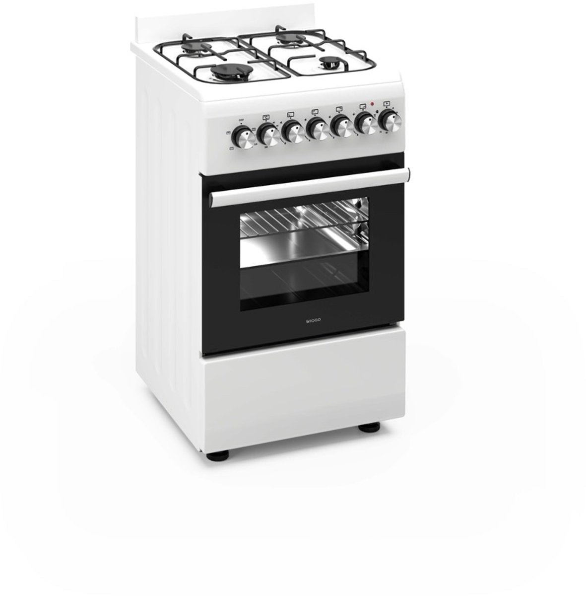 Wiggo WO‑E505R(WW)-2 Vrijstaande Gasfornuis - 50 cm - Wit met 4 kookzones en elektrische oven.