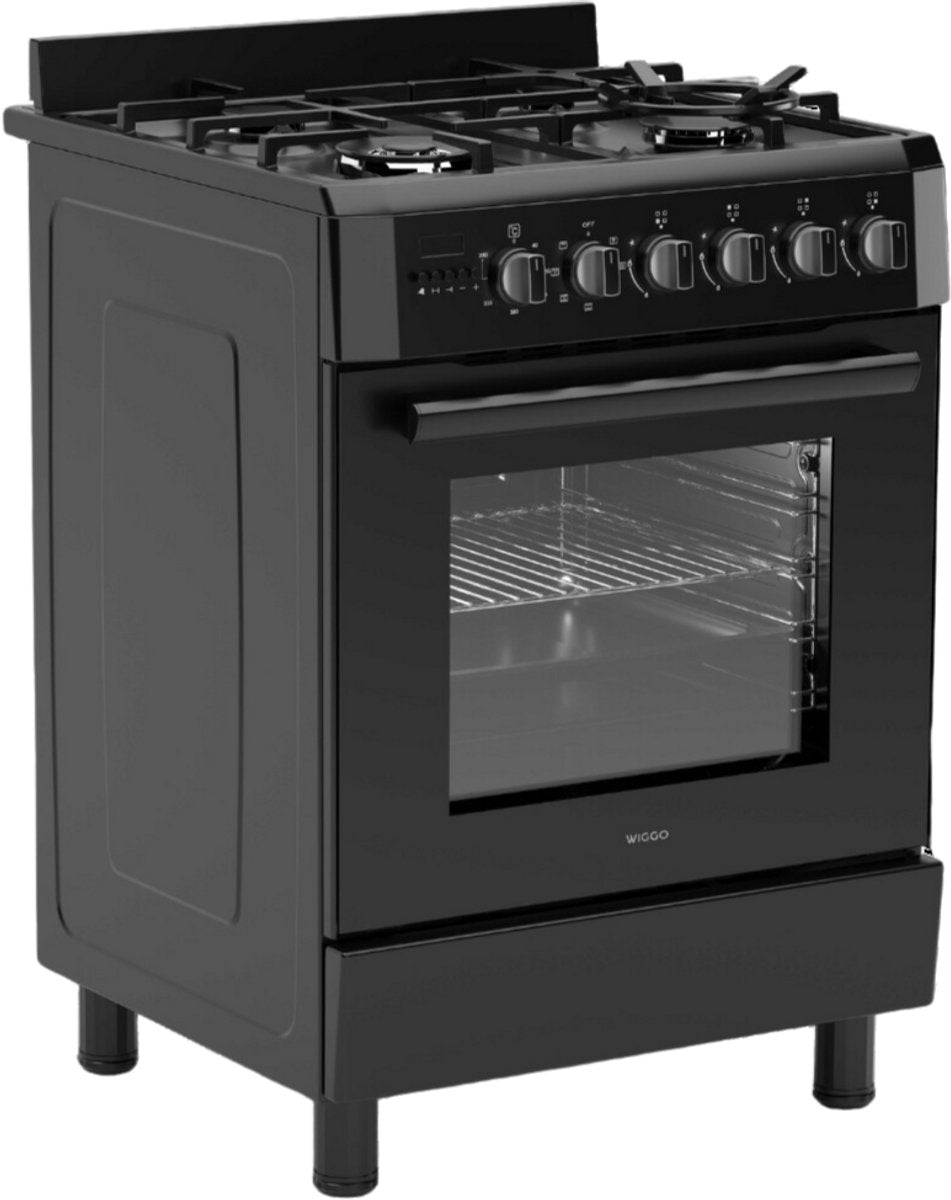 Wiggo WO-E639R(BB) – Vrijstaand gasfornuis – 60 cm – 5 kookzones – met wokbrander – 56L elektrische oven – Zwart – Elektrische vonkontsteking & vlambeveiliging – Energieklasse