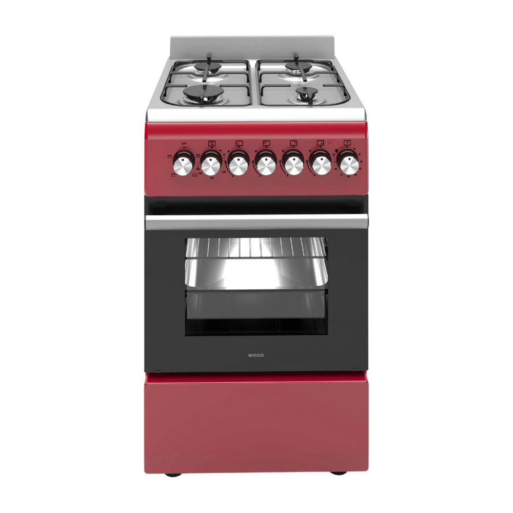 Wiggo WO‑E505R(RX) – Vrijstaand gasfornuis – 50 cm – 4 kookzones – 52L elektrische oven – Rood Roestvrijstaal – Stijlvol design & timerfunctie – 5 jaar garantie
