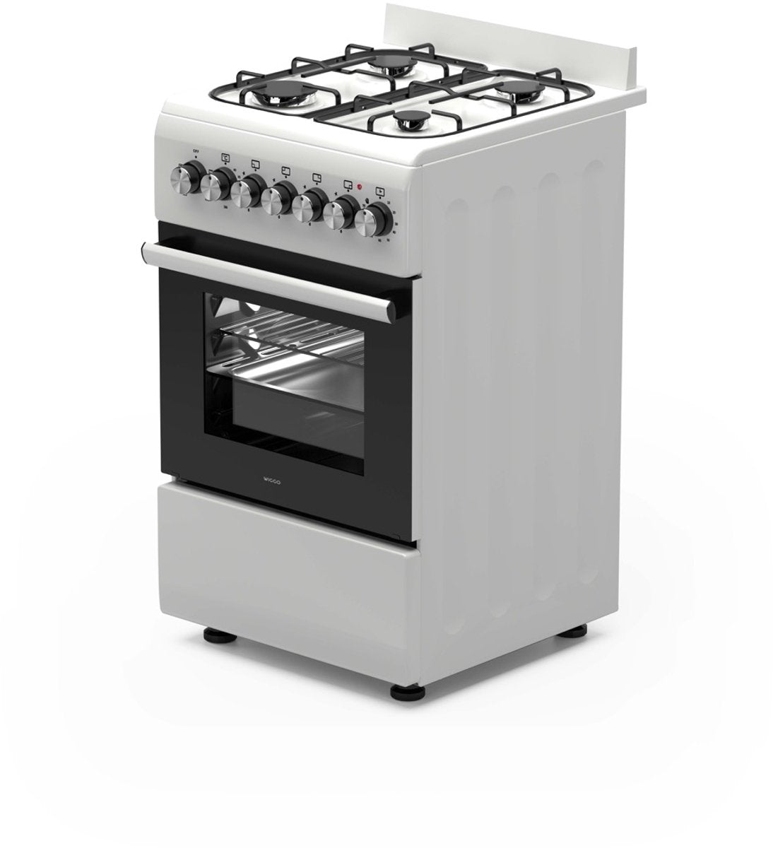Wiggo WO‑E505R(WW)-2 Vrijstaande Gasfornuis - 50 cm - Wit met 4 kookzones en elektrische oven.