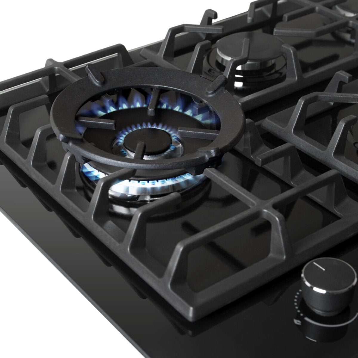 Wiggo WH-G735GR(B)-2 Inbouw Gaskookplaat - 70 cm - Zwart met wokbrander in gebruik