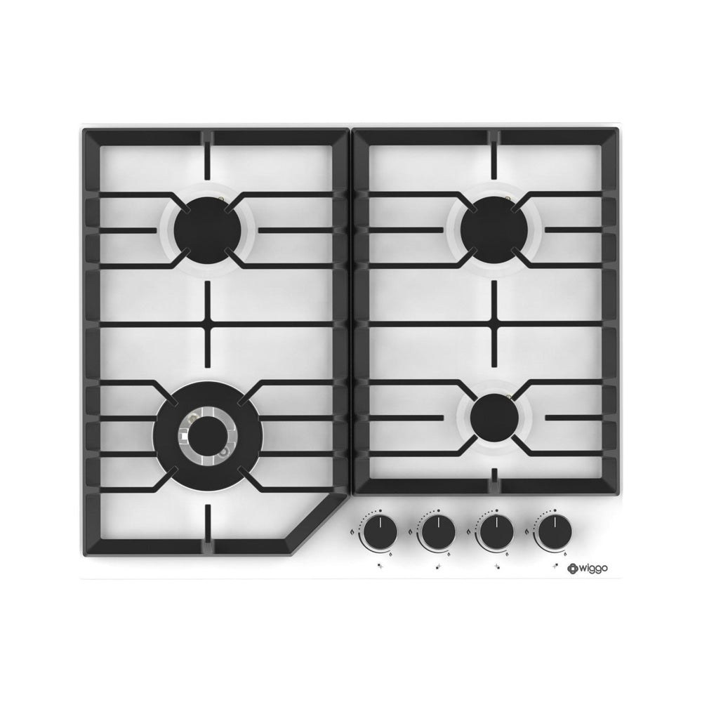 Wiggo WH-G634RL(W) - Inbouw Gaskookplaat - Wok brander - 60 cm - 4 Kookzones - Gietijzeren pannendragers - 5 jaar garantie - Wit Geëmailleerd