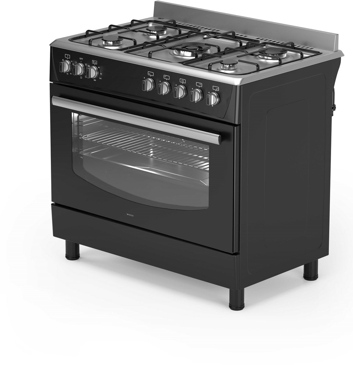 Wiggo WO-E903R(BX) - Gasfornuis - 5 Kookzones - 5 Ovenstanden - Wokbrander - Timer - 5 Jaar Garantie - Zwart Rvs