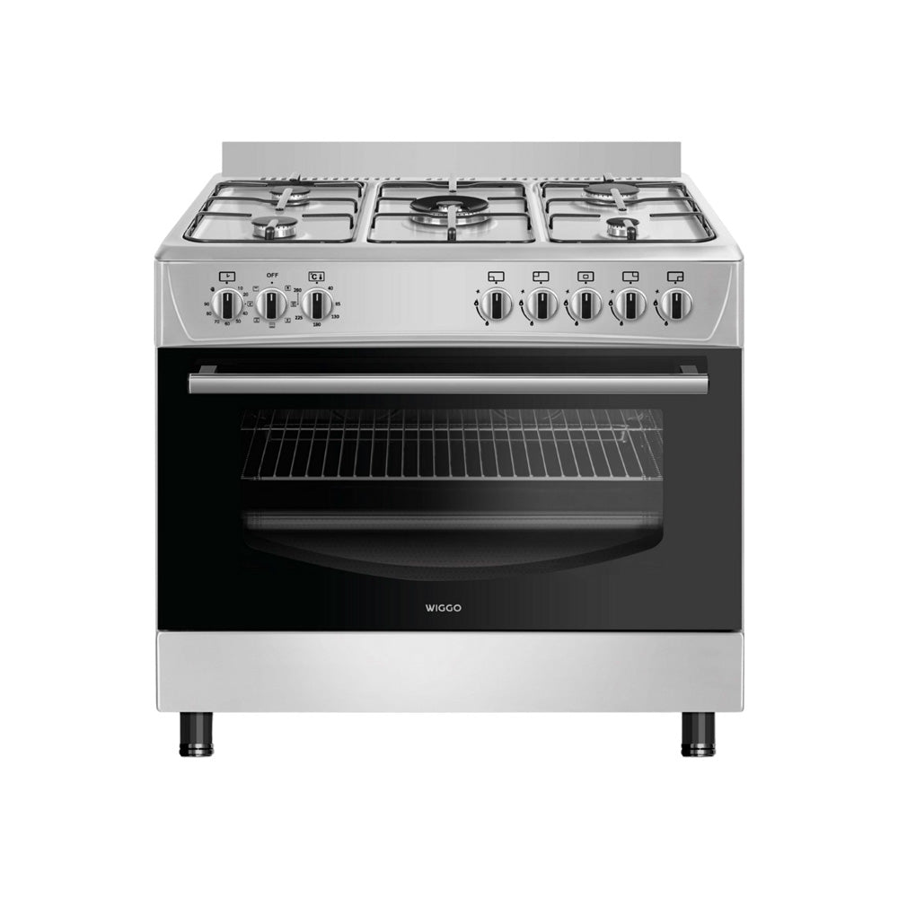 Wiggo WO‑E905R(XX) – Vrijstaand gasfornuis – 90 cm – 5 kookzones met wokbrander – 110L elektrische oven – Roestvrijstaal – Elektrische vonkontsteking & vlambeveiliging – Ene