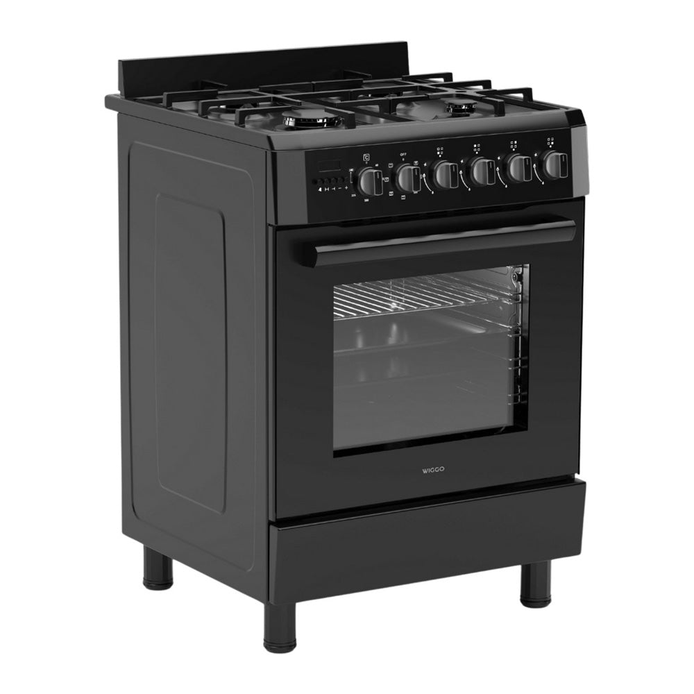 Wiggo WO-E609R(BB)-2 Vrijstaande Gasfornuis - 60 cm - Zwart met heteluchtoven en gietijzeren kookoppervlak.