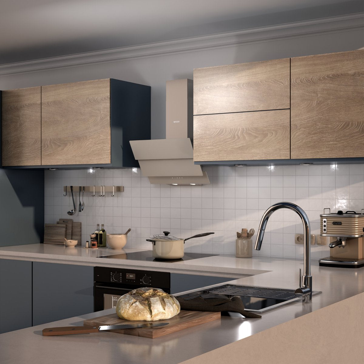 Wiggo WE-D633G(C) – Schuine Afzuigkap 60 cm – Crème Triple Glas – LED Verlichting – Touch Control – 5 jaar garantie