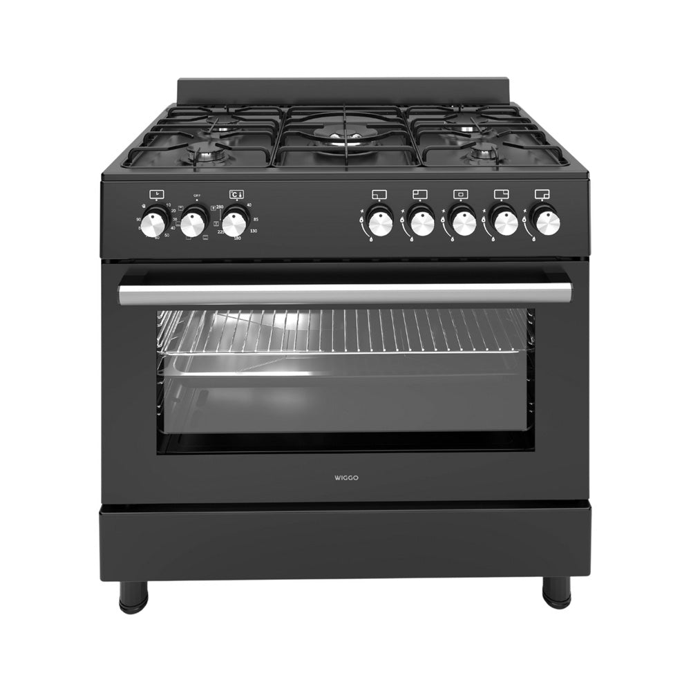 Wiggo WO-E906B(BB) - Vrijstaand - Gasfornuis - 90 cm - 110 Liter - 5 pitten - Energieklasse A - 5 jaar garantie - Zwart