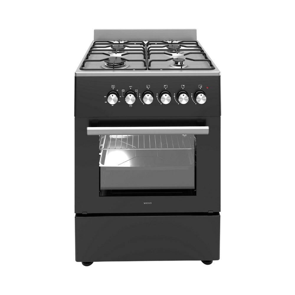 Wiggo WO‑E603R(BX) – Vrijstaand gasfornuis – 60 cm – 4 kookzones – 56L elektrische oven – Zwart Roestvrijstaal – Elektrische vonkontsteking & vlambeveiliging – Energieklasse A
