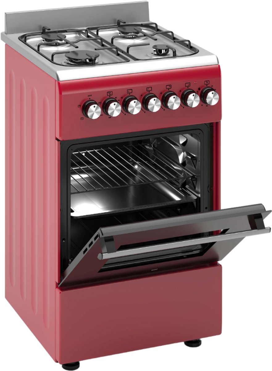 Wiggo WO‑E505R(RX)-2 Vrijstaande Gasfornuis - 50 cm - Rood met open deur en vier kookzones
