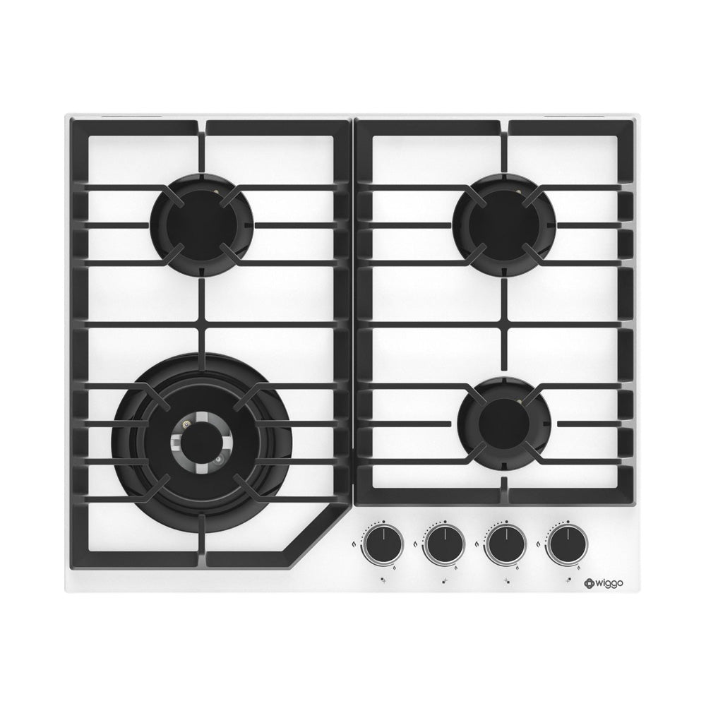 Wiggo WH-G634GL(W) - Inbouw Gaskookplaat - Glas op gas - Wok brander - 60cm - 4 Kookzones - Gietijzeren pannendragers - 5 jaar garantie - Wit Glas