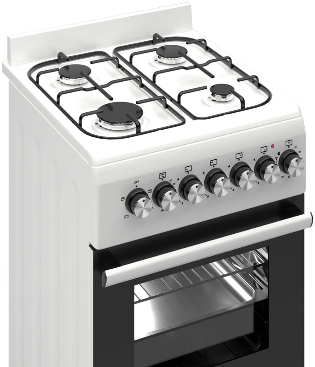 Wiggo WO‑E505R(WW)-2 Vrijstaande Gasfornuis - 50 cm - Wit met 4 kookzones en elektrische oven.