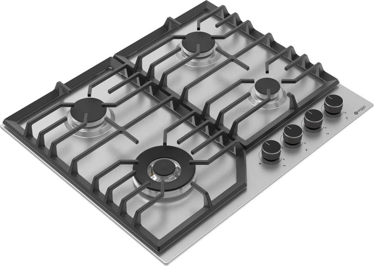Wiggo WH-G634RL(X)-2 Inbouw Gaskookplaat - 60 cm - Roestvrijstaal met 4 gaspitten en elektronische vonkontsteking.