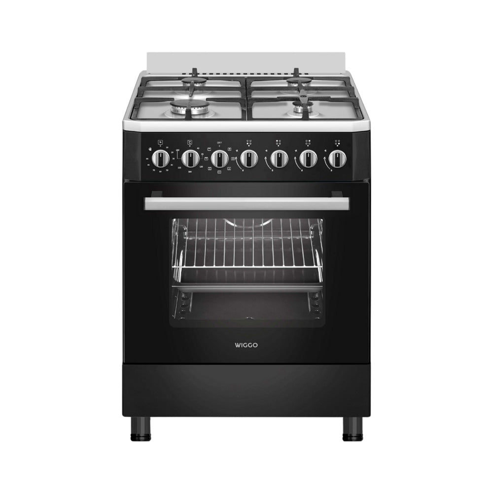 Wiggo WO-E605R(BX) – Vrijstaand Gasfornuis – 60 cm – 4 Gaspitten – Oven 66L – Energieklasse B – 5 Jaar Garantie – Zwart Rvs