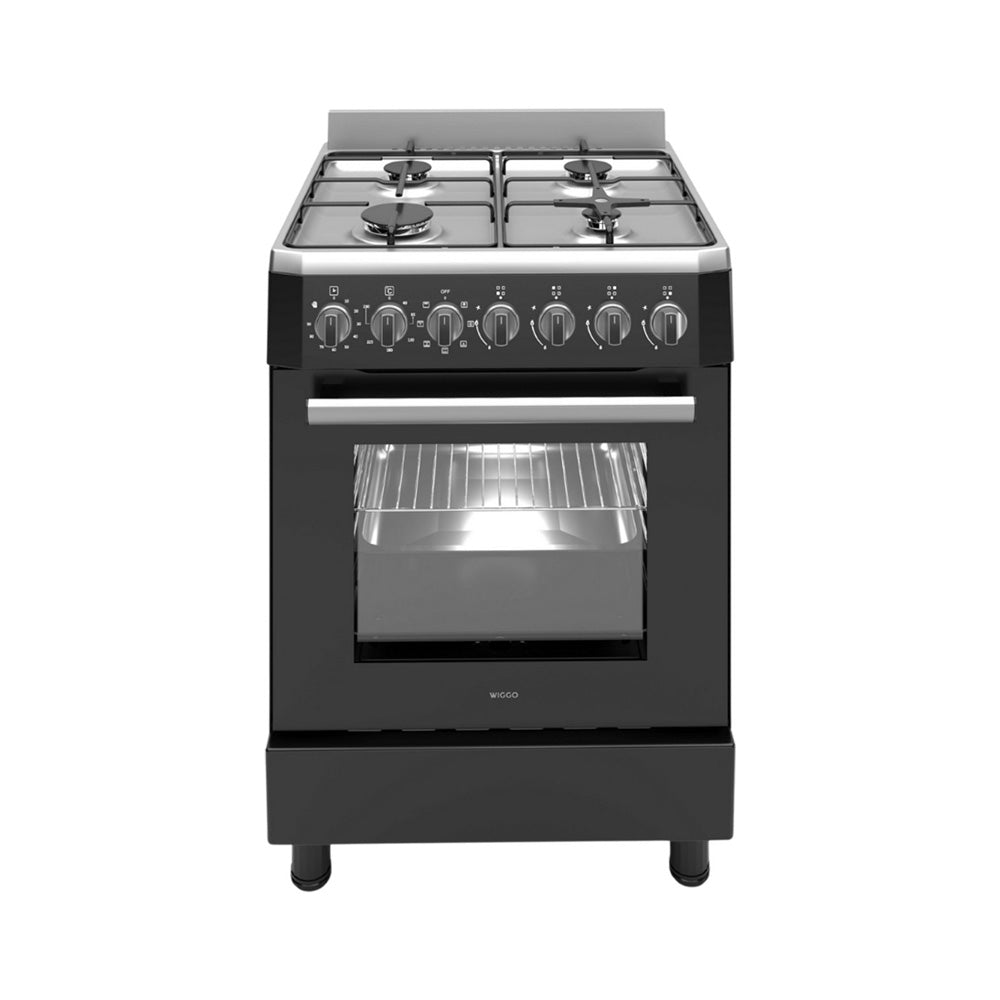 Wiggo WO-E609R(BX) – Vrijstaand gasfornuis – 60 cm – 4 kookzones – 56L elektrische oven – Zwart Roestvrijstaal – Elektrische vonkontsteking & vlambeveiliging – Energieklasse A