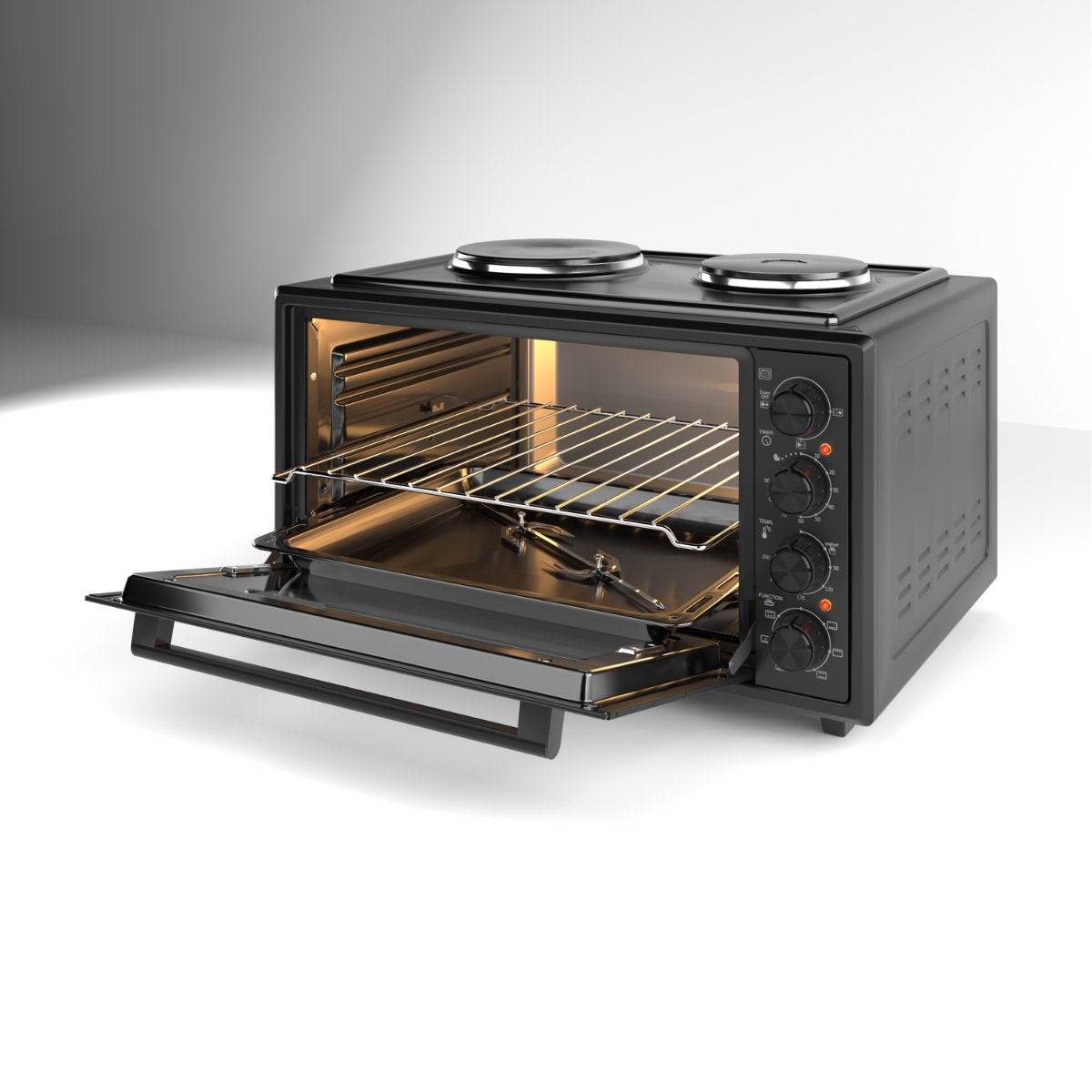 Ferre GFK-45TMOH - Vrijstaande Mini Oven met Kookplaten - 60cm - 45 liter - 3534 W - Zwart
