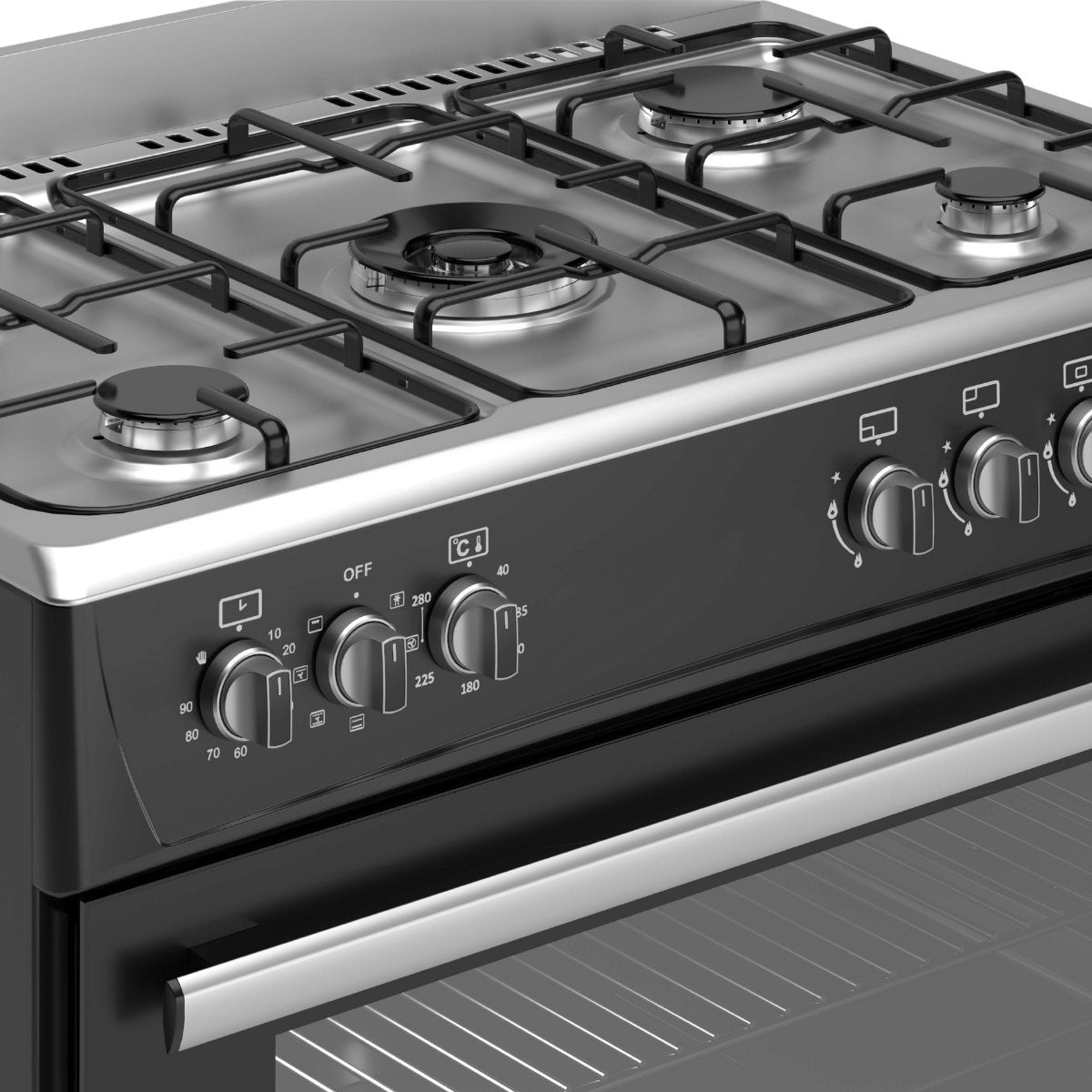 Wiggo WO‑E905R(BX) – Vrijstaand gasfornuis – 90 cm – 5 kookzones met wokbrander – 110L elektrische oven – Zwart Roestvrijstaal – Elektrische vonkontsteking & vlambeveiliging