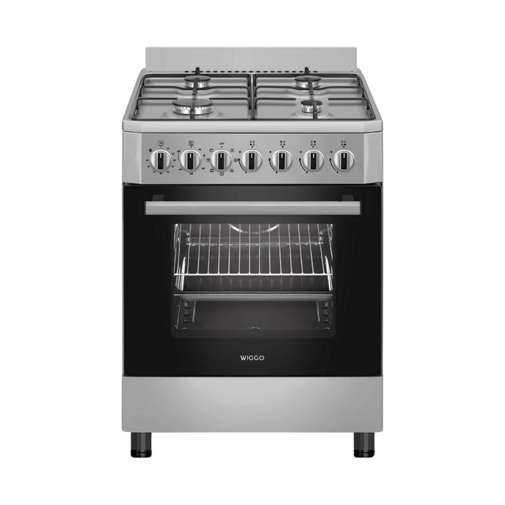 Wiggo WO-E605R(XX) – Vrijstaand gasfornuis – 60 cm – 4 kookzones – 56L elektrische oven – Roestvrijstaal – Elektrische vonkontsteking & vlambeveiliging – Energieklasse A – 5 j