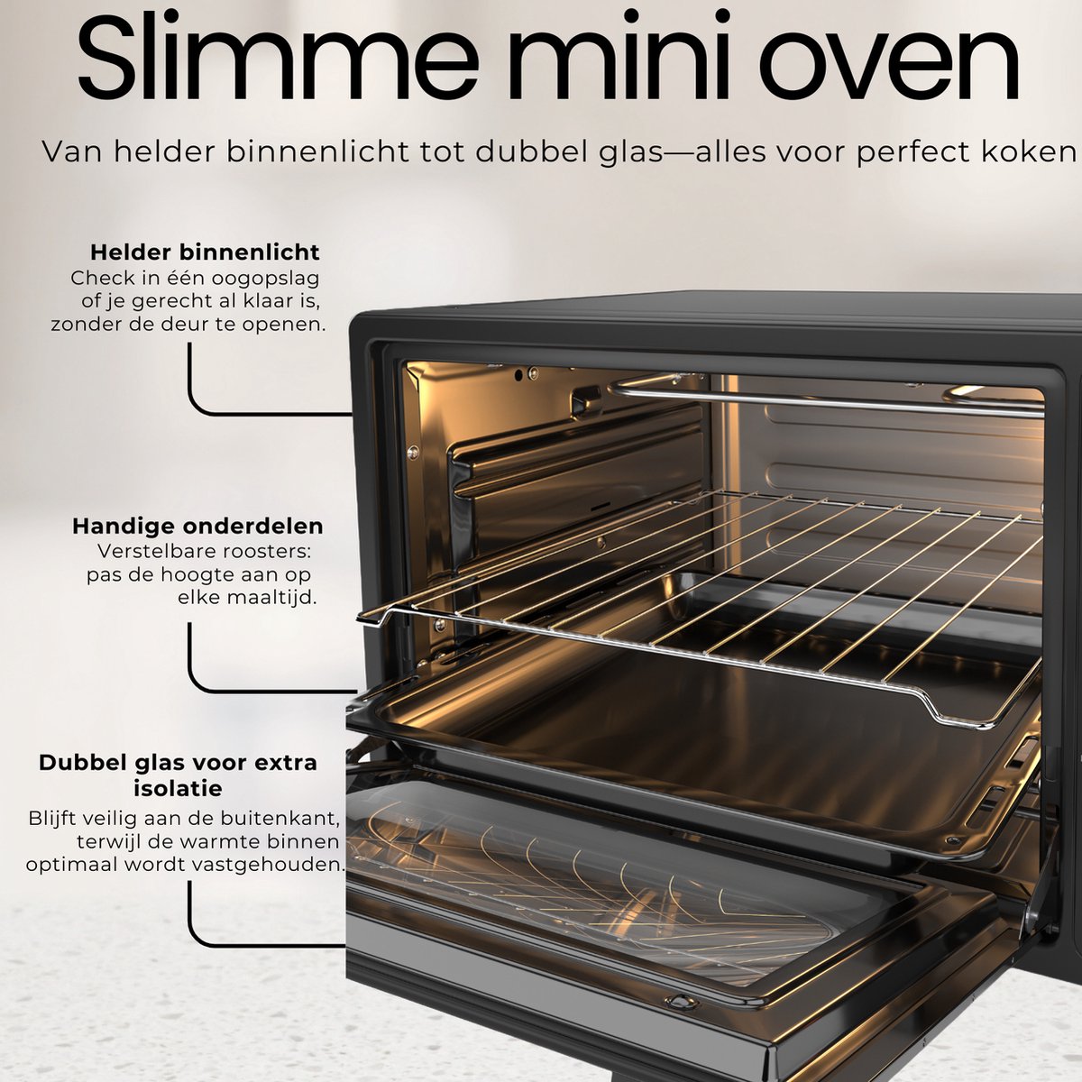 Ferre GFK-35TMO - Vrijstaande Mini Oven - 35L - 6 Programma’s - 1834W - Tot 250°C - Dubbel Glas - Timer 90 min - Krachtig & Compact - Zwart