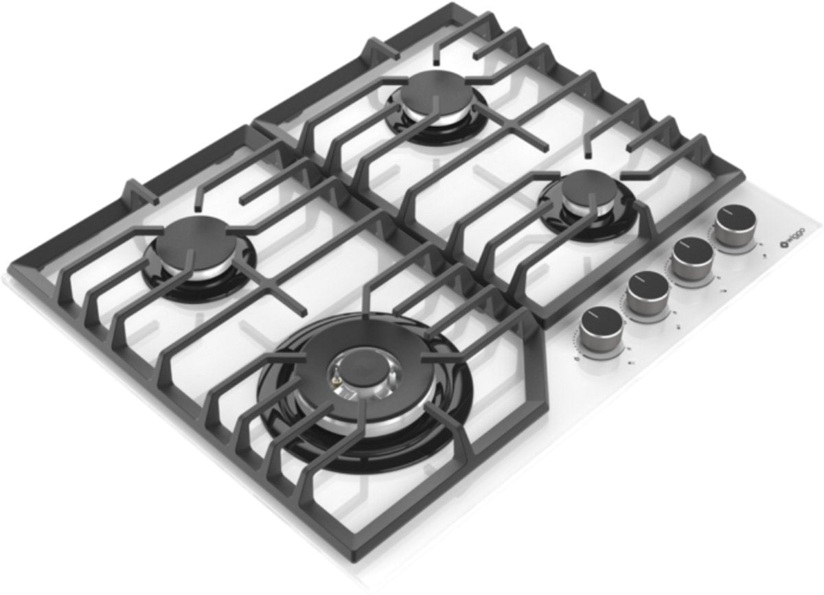 Wiggo WH-G634GL(W) - Inbouw Gaskookplaat - Glas op gas - Wok brander - 60cm - 4 Kookzones - Gietijzeren pannendragers - 5 jaar garantie - Wit Glas