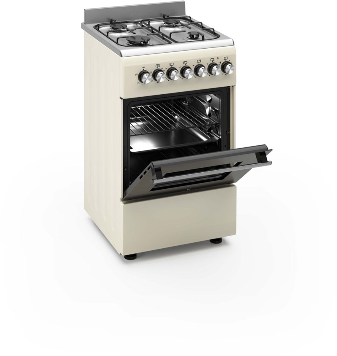 Wiggo WO‑E505R(CX) – Vrijstaand gasfornuis – 50 cm – 4 kookzones – 52L elektrische oven – Crème Roestvrijstaal – Energieklasse A – Timer & elektrische vonkontsteking – 5 ja