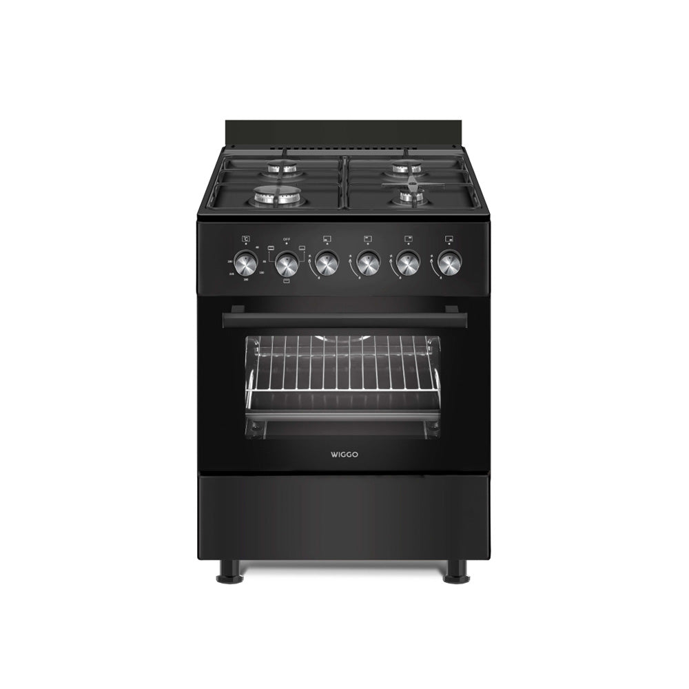 Wiggo WO‑E603R(BB) – Vrijstaand gasfornuis – 60 cm – 4 kookzones – 56L elektrische oven – Zwart – Elektrische vonkontsteking & vlambeveiliging – Energieklasse A – 5 jaar gar