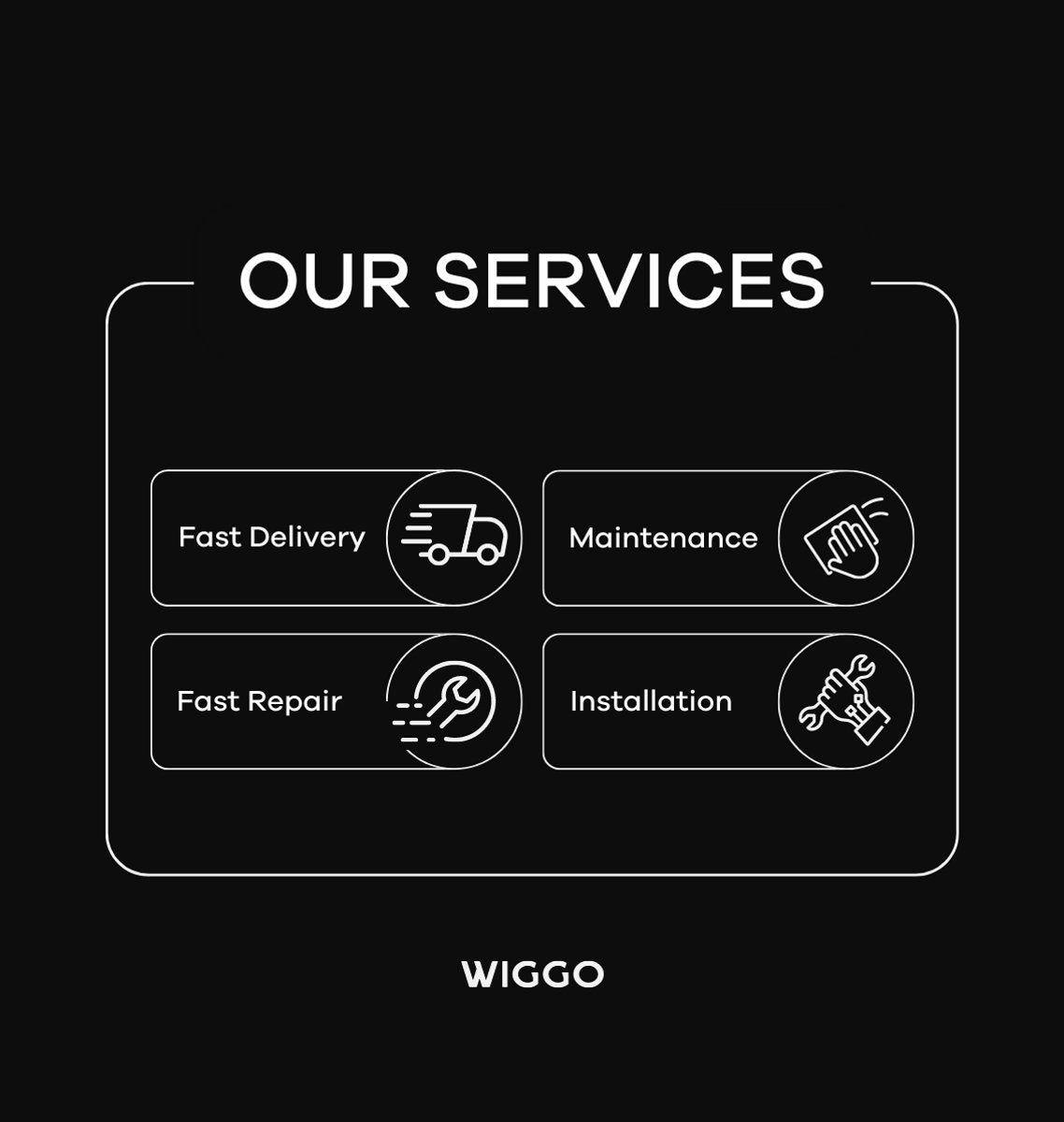 Wiggo services overview including fast delivery, maintenance, fast repair, and installation.