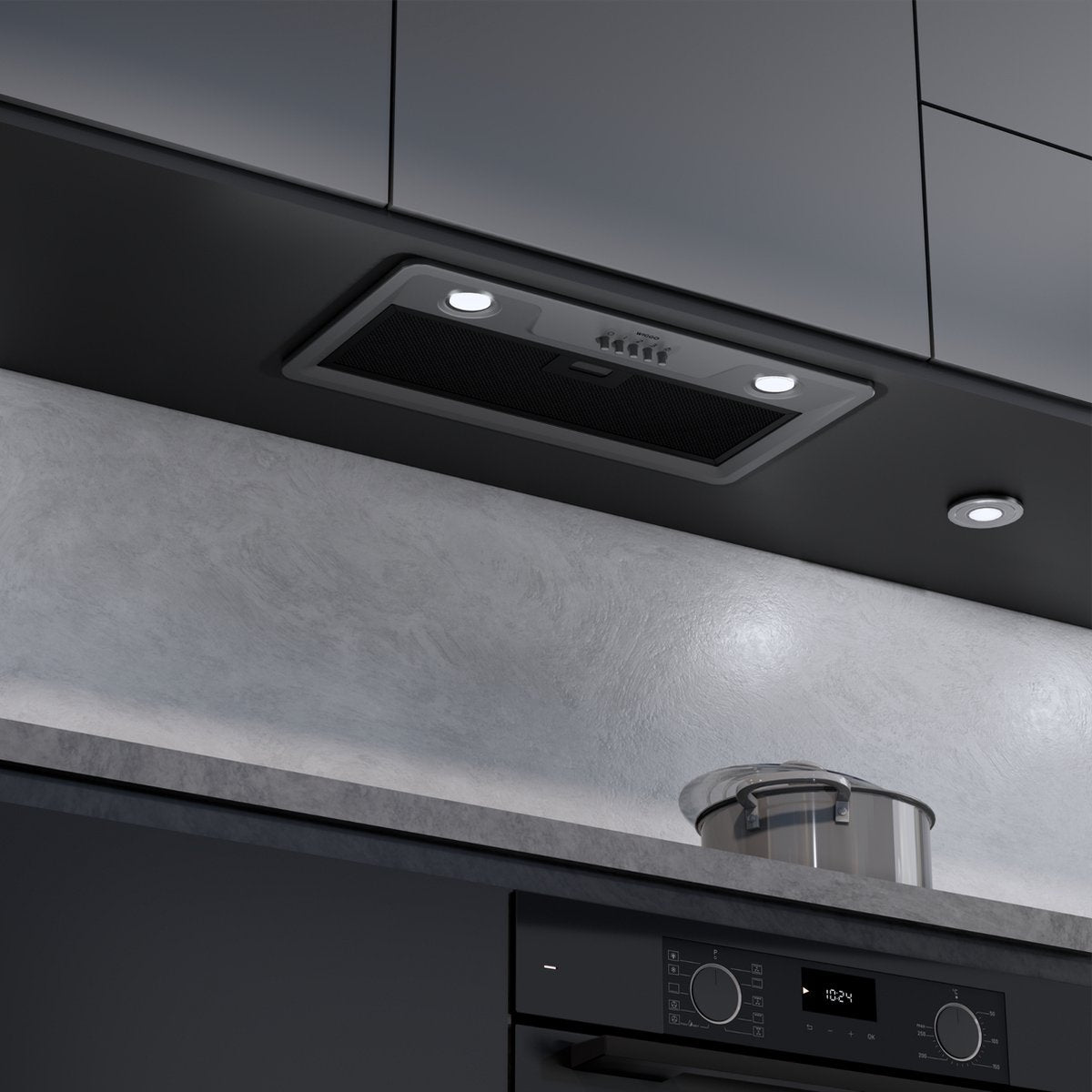 Wiggo WE-E631B(G) Inbouw Afzuigkap - 60 cm - Grijs geïnstalleerd in moderne keuken met verlichting.