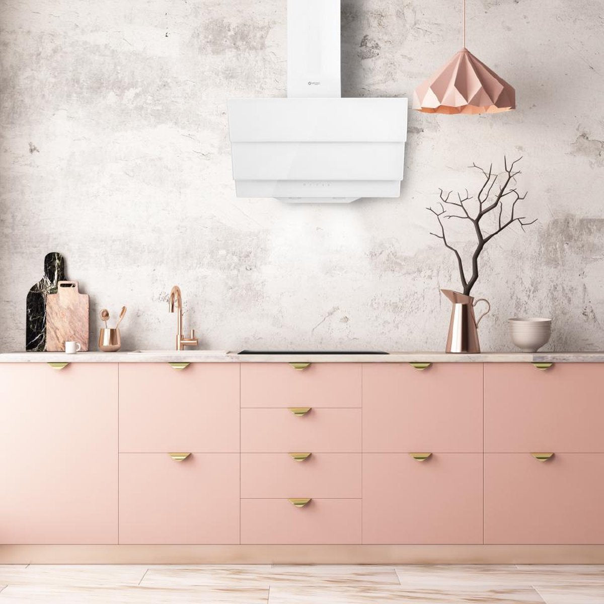 Wiggo WH-G935RR(W)-2 Inbouw Gaskookplaat - 90 cm - Wit in moderne keuken met roze kasten en gestileerde accessoires.