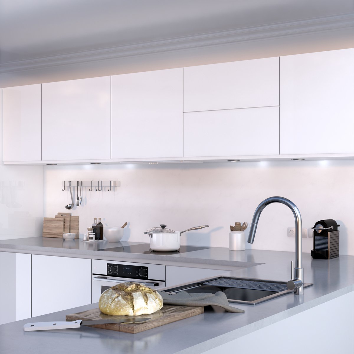 Wiggo WE-E631B(W) Inbouw Afzuigkap - 60 cm - Wit aanwezig in moderne keuken met zilveren accenten.