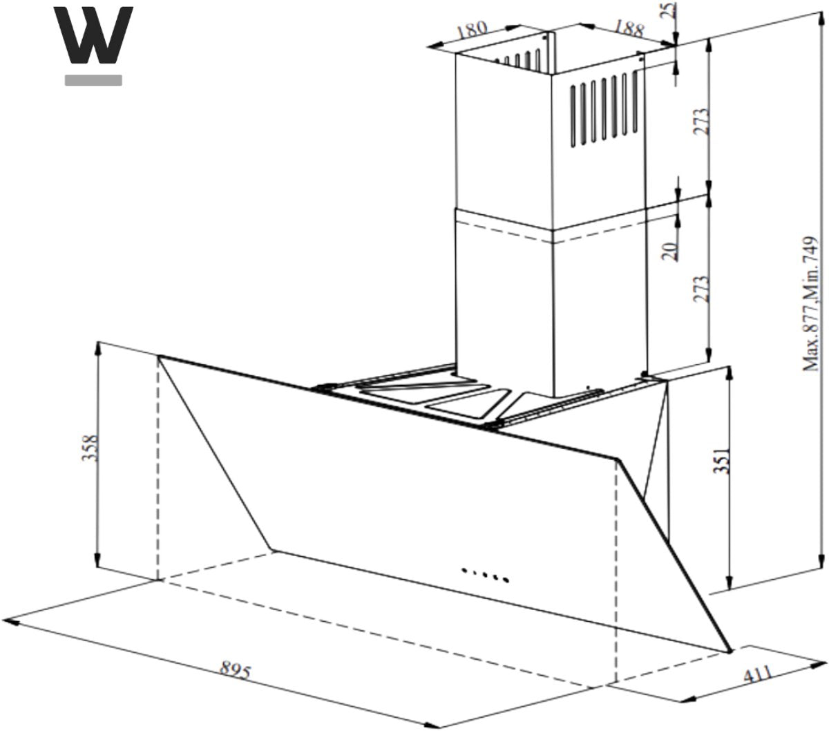 Wiggo WE-E913G(G) Schuine Afzuigkap - 90 cm - Grijs technische tekening met maten