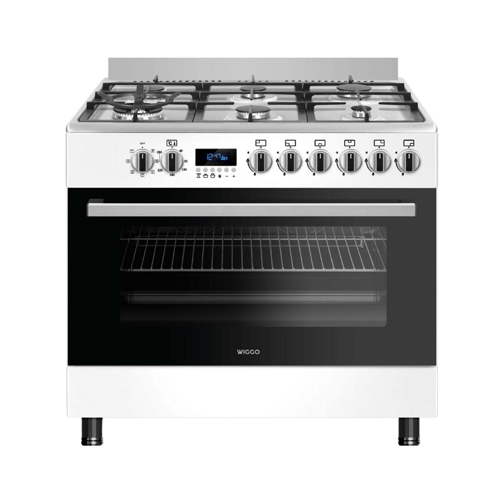 Wiggo - WO-E969R(WX) - Vrijstaand - Gasfornuis - 90 cm - 110 Liter - 6 pitten - Energieklasse B - 5 jaar garantie - Wit Rvs